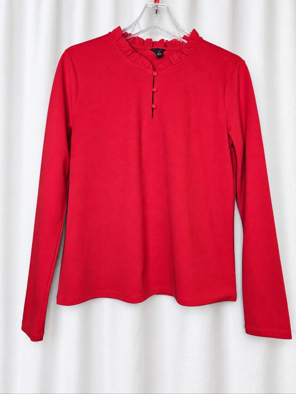Ann Taylor Red Ruffle Collar Long Sleeve Stretch Knit Preppy Henley Blouse Top